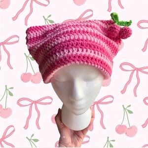 crochet pink and light pink cherry detail striped cat ear beanie HANDMADE